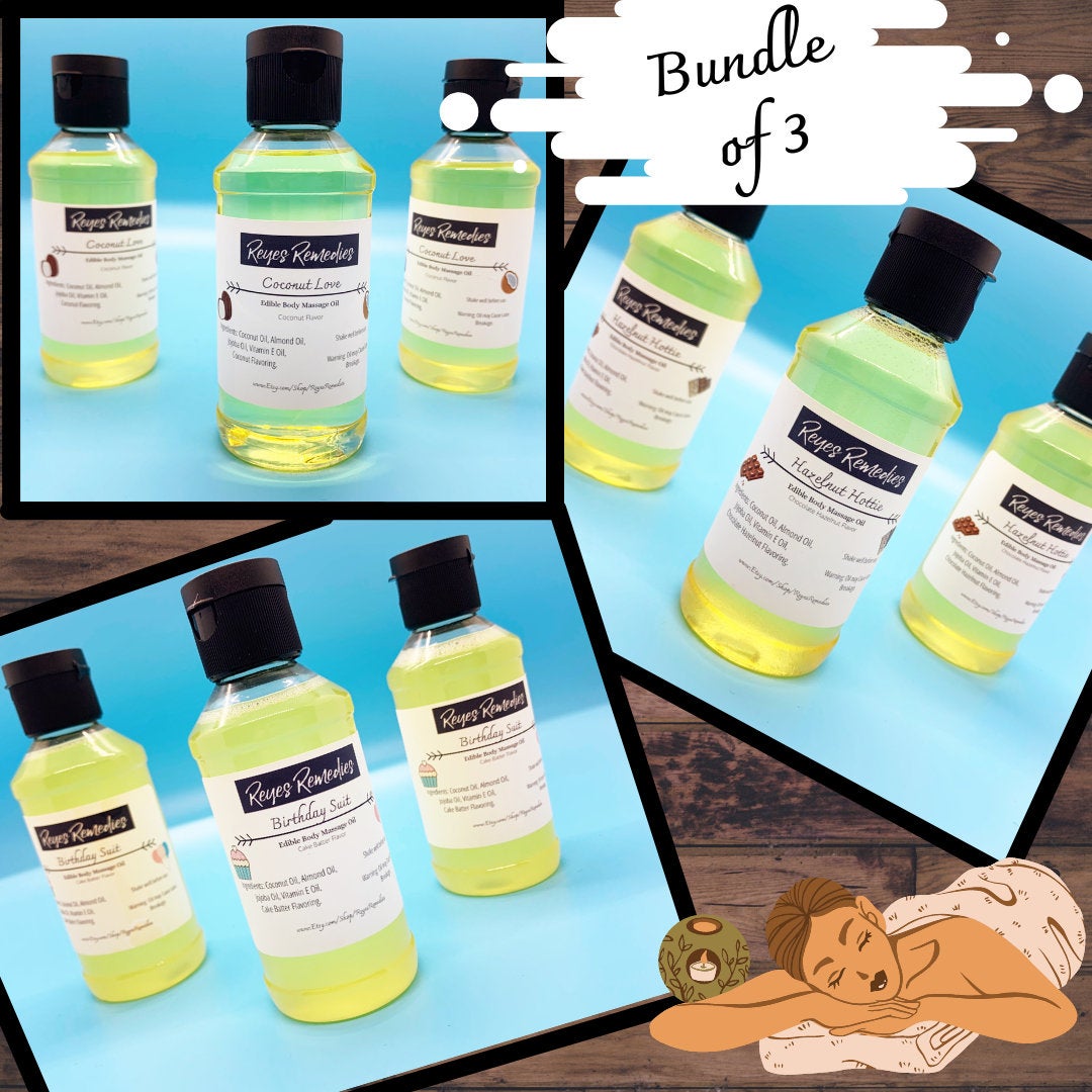 Bundle of 3 Edible Body Massage Oils-Caramel, Coconut & your choice of Flavor